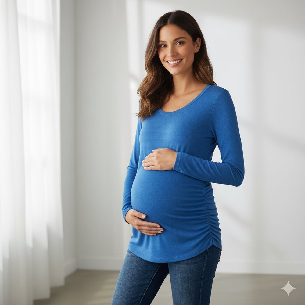 Maternity Ruched Long Sleeve Scoopneck Blouse Top Henley Tshirt Blue Size L